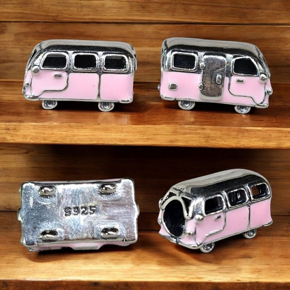 Pink Camper Van 925 Silver Charm Hippie 70s Party Bus Slide-On Bracelet Retro